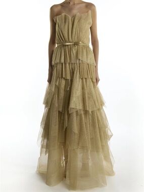 Gold Strapless Tiered Evening Dress